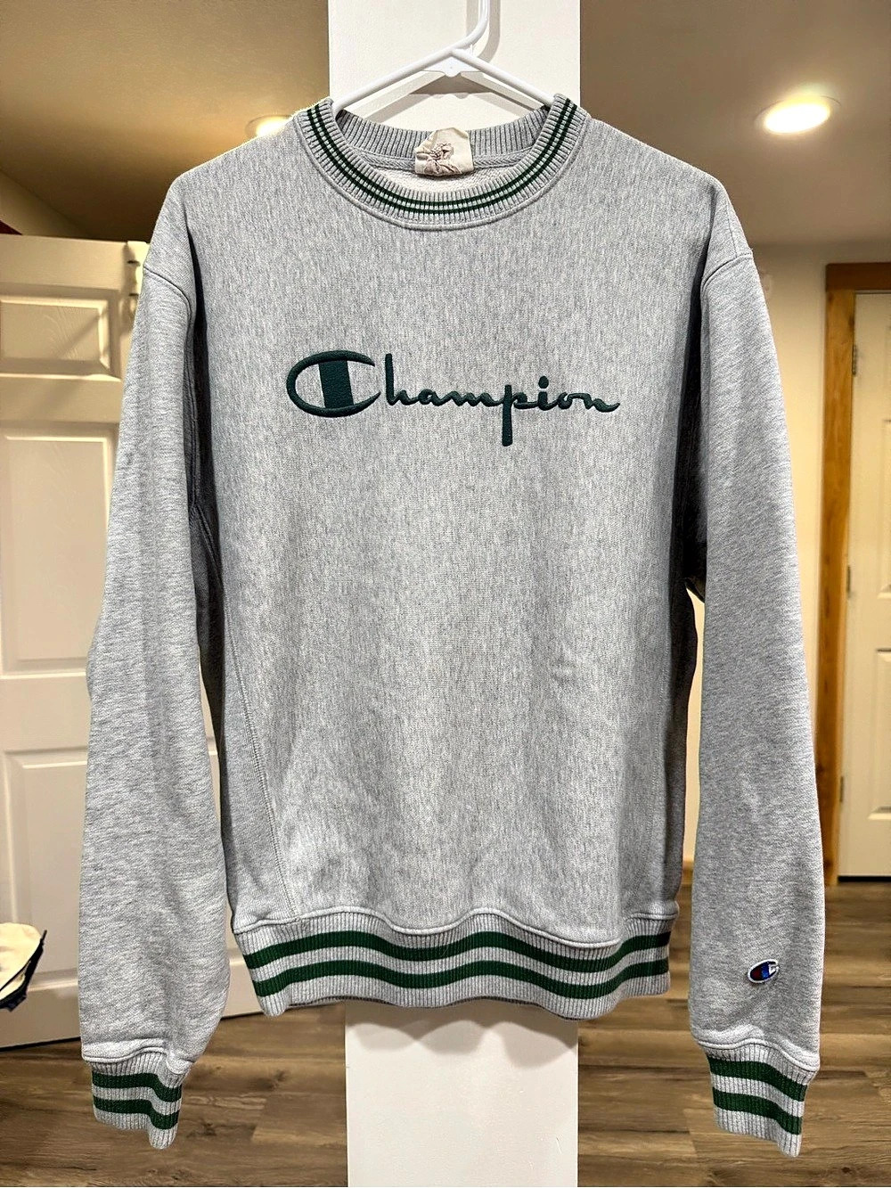Champion Reverse Weave Striped Crewneck Gray Green Size Medium